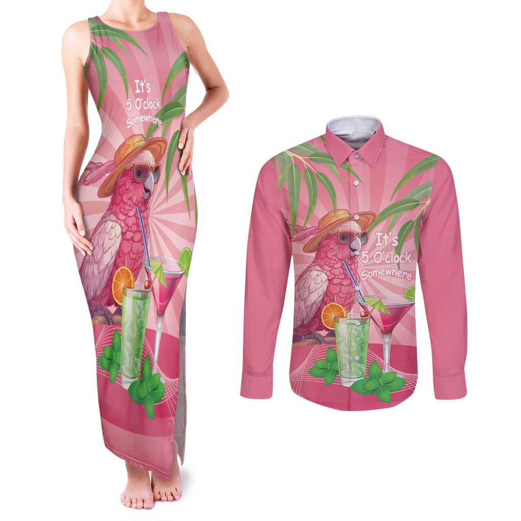 Chilling Pink Cockatoo Australia Couples Matching Tank Maxi Dress and Long Sleeve Button Shirt It's 5 O’Clock Somewhere Cocktail - Aussie Hoodie