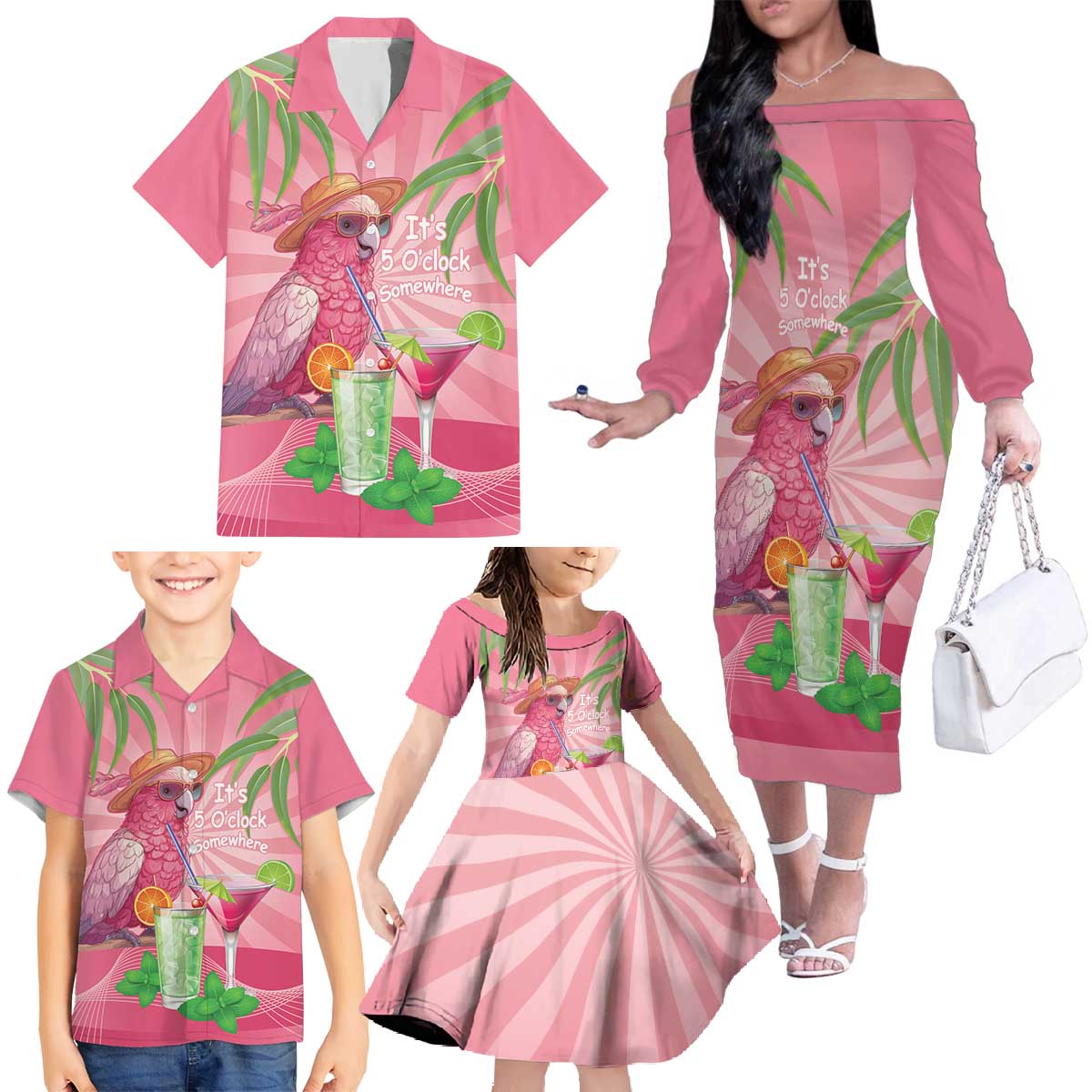 Chilling Pink Cockatoo Australia Family Matching Off The Shoulder Long Sleeve Dress and Hawaiian Shirt It's 5 O’Clock Somewhere Cocktail - Aussie Hoodie
