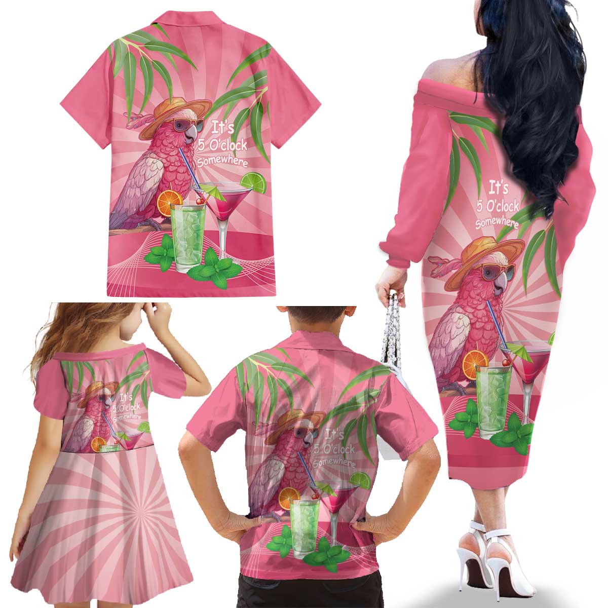 Chilling Pink Cockatoo Australia Family Matching Off The Shoulder Long Sleeve Dress and Hawaiian Shirt It's 5 O’Clock Somewhere Cocktail - Aussie Hoodie
