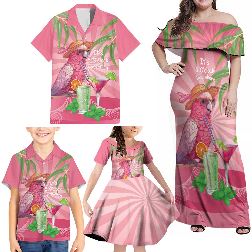 Chilling Pink Cockatoo Australia Family Matching Off Shoulder Maxi Dress and Hawaiian Shirt It's 5 O’Clock Somewhere Cocktail - Aussie Hoodie