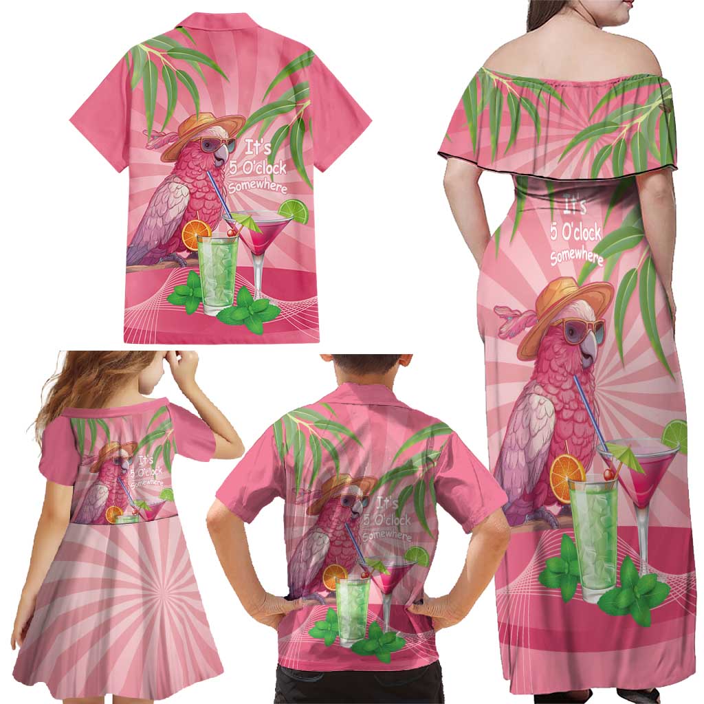 Chilling Pink Cockatoo Australia Family Matching Off Shoulder Maxi Dress and Hawaiian Shirt It's 5 O’Clock Somewhere Cocktail - Aussie Hoodie