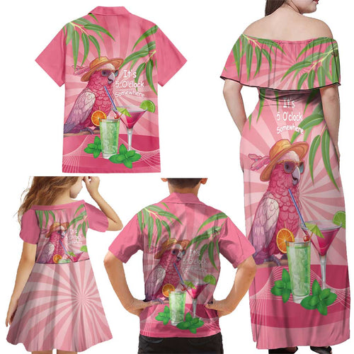 Chilling Pink Cockatoo Australia Family Matching Off Shoulder Maxi Dress and Hawaiian Shirt It's 5 O’Clock Somewhere Cocktail - Aussie Hoodie