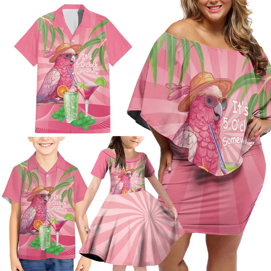 Chilling Pink Cockatoo Australia Family Matching Off Shoulder Short Dress and Hawaiian Shirt It's 5 O’Clock Somewhere Cocktail - Aussie Hoodie