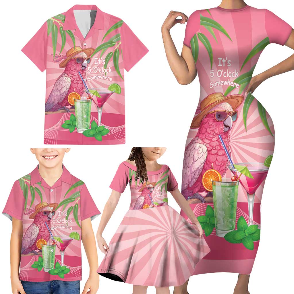 Chilling Pink Cockatoo Australia Family Matching Short Sleeve Bodycon Dress and Hawaiian Shirt It's 5 O’Clock Somewhere Cocktail - Aussie Hoodie