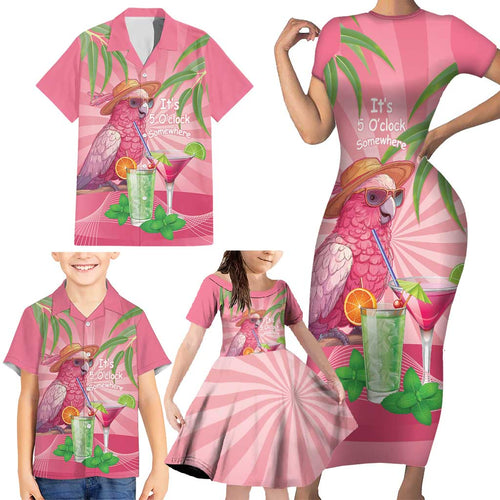 Chilling Pink Cockatoo Australia Family Matching Short Sleeve Bodycon Dress and Hawaiian Shirt It's 5 O’Clock Somewhere Cocktail - Aussie Hoodie