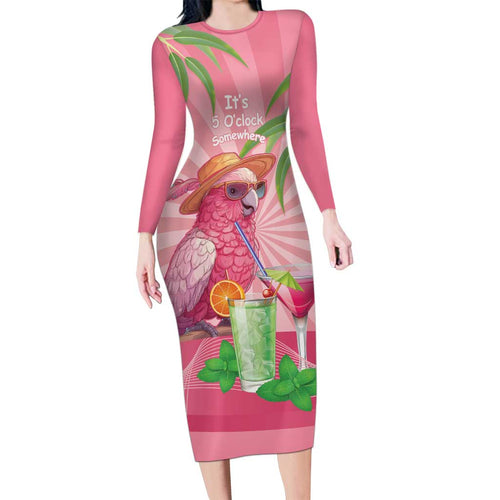 Chilling Pink Cockatoo Australia Long Sleeve Bodycon Dress It's 5 O’Clock Somewhere Cocktail - Aussie Hoodie