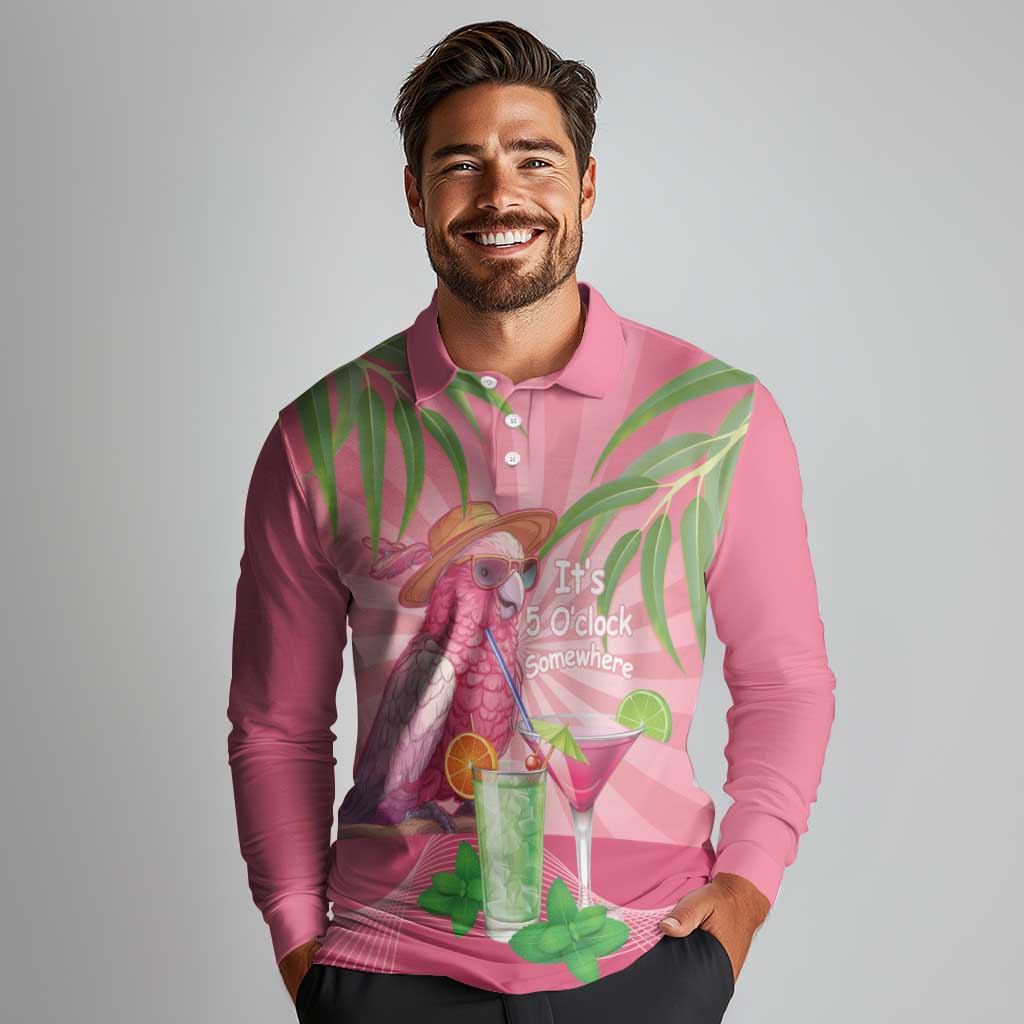 Chilling Pink Cockatoo Australia Long Sleeve Polo Shirt It's 5 O’Clock Somewhere Cocktail - Aussie Hoodie
