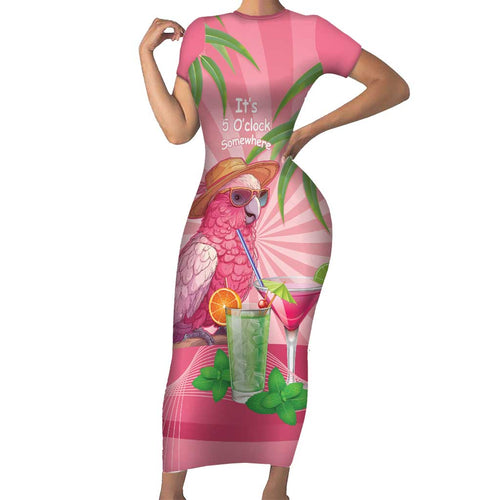 Chilling Pink Cockatoo Australia Short Sleeve Bodycon Dress It's 5 O’Clock Somewhere Cocktail - Aussie Hoodie
