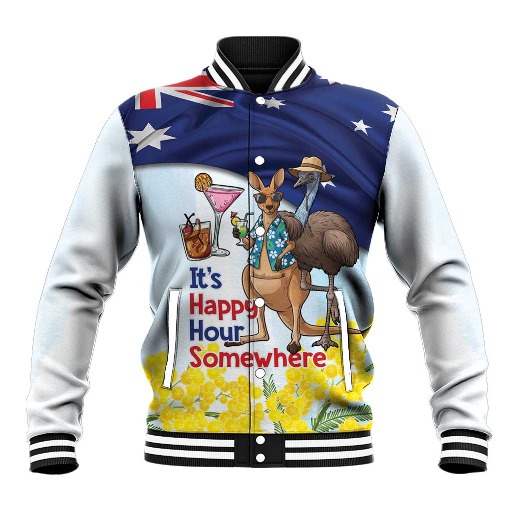 Chilling Kangaroo and Emu Australia Baseball Jacket It's Happy Hour Somewhere - Aussie Hoodie