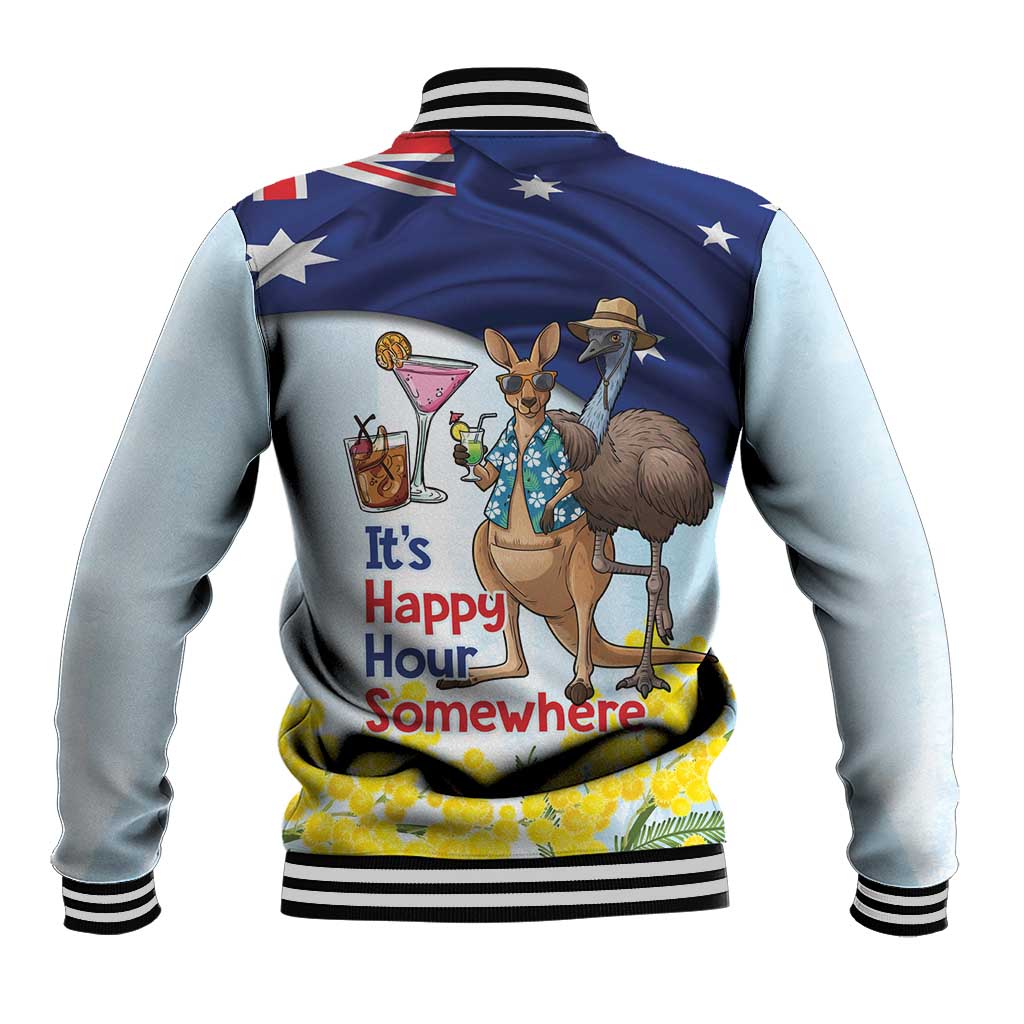 Chilling Kangaroo and Emu Australia Baseball Jacket It's Happy Hour Somewhere - Aussie Hoodie