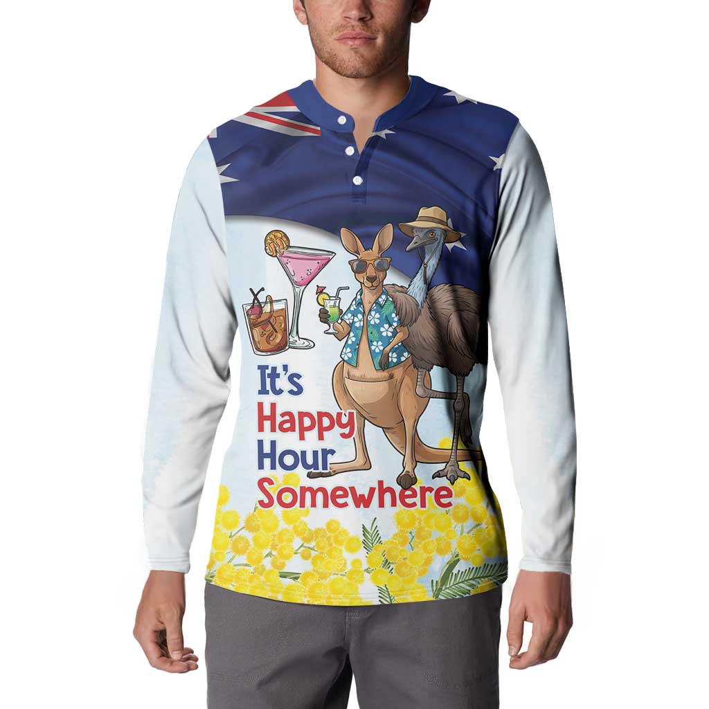 Chilling Kangaroo and Emu Australia Button Sweatshirt It's Happy Hour Somewhere - Aussie Hoodie