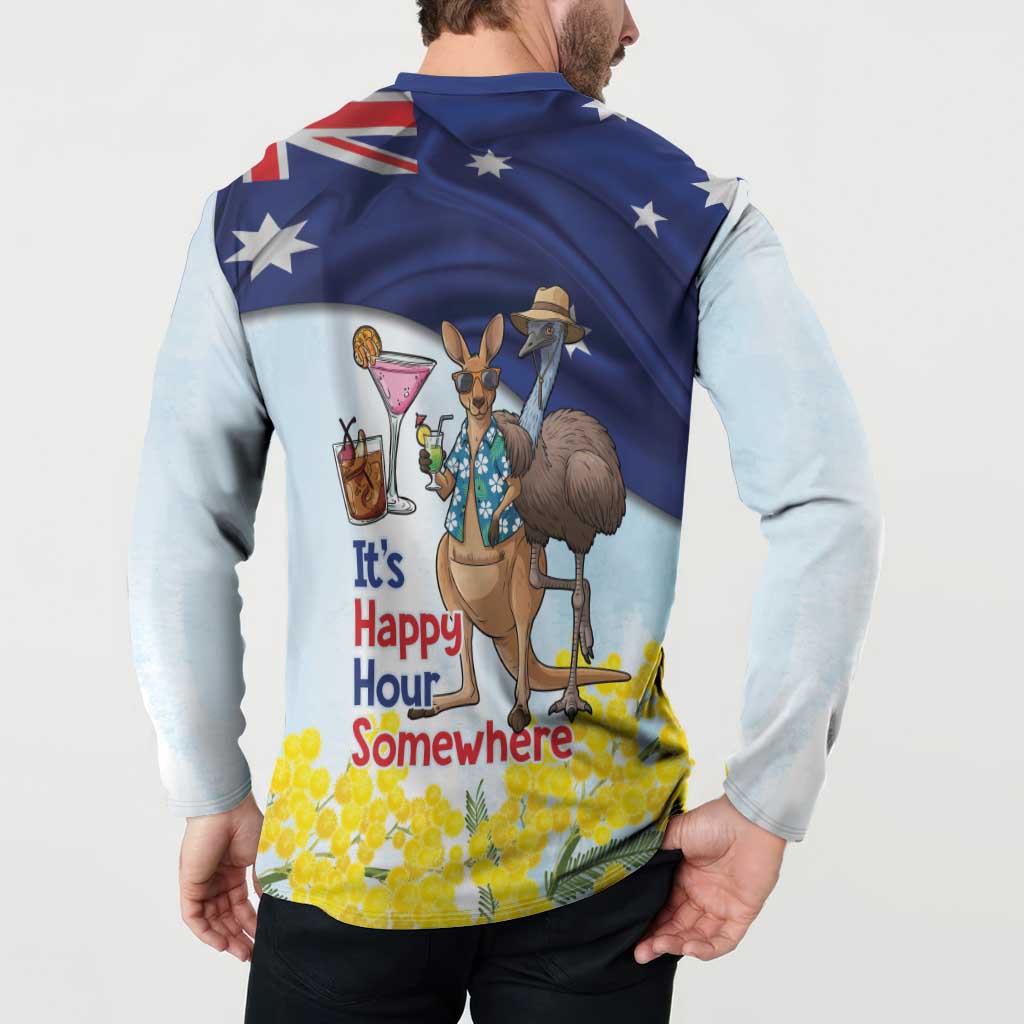 Chilling Kangaroo and Emu Australia Button Sweatshirt It's Happy Hour Somewhere - Aussie Hoodie