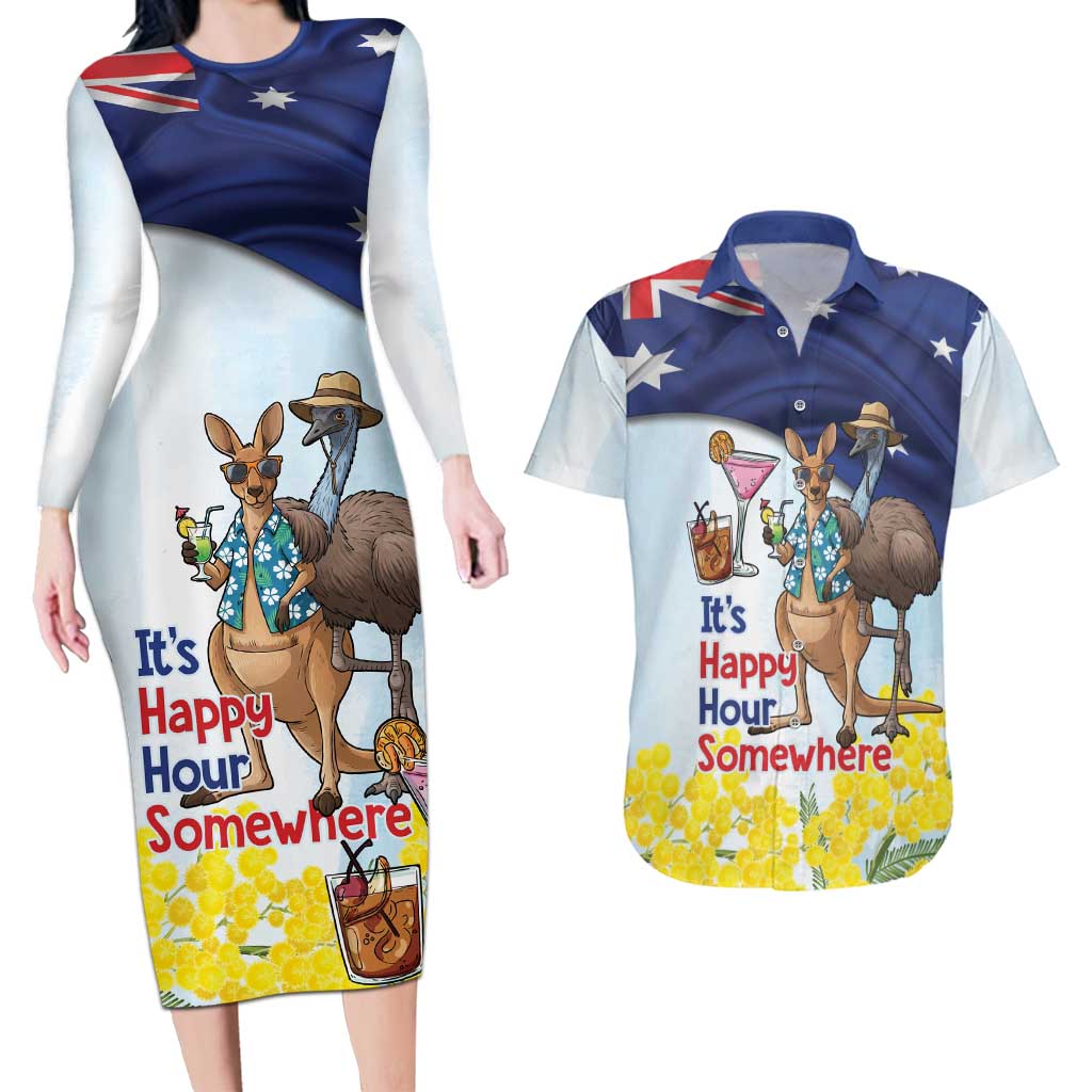Chilling Kangaroo and Emu Australia Couples Matching Long Sleeve Bodycon Dress and Hawaiian Shirt It's Happy Hour Somewhere - Aussie Hoodie