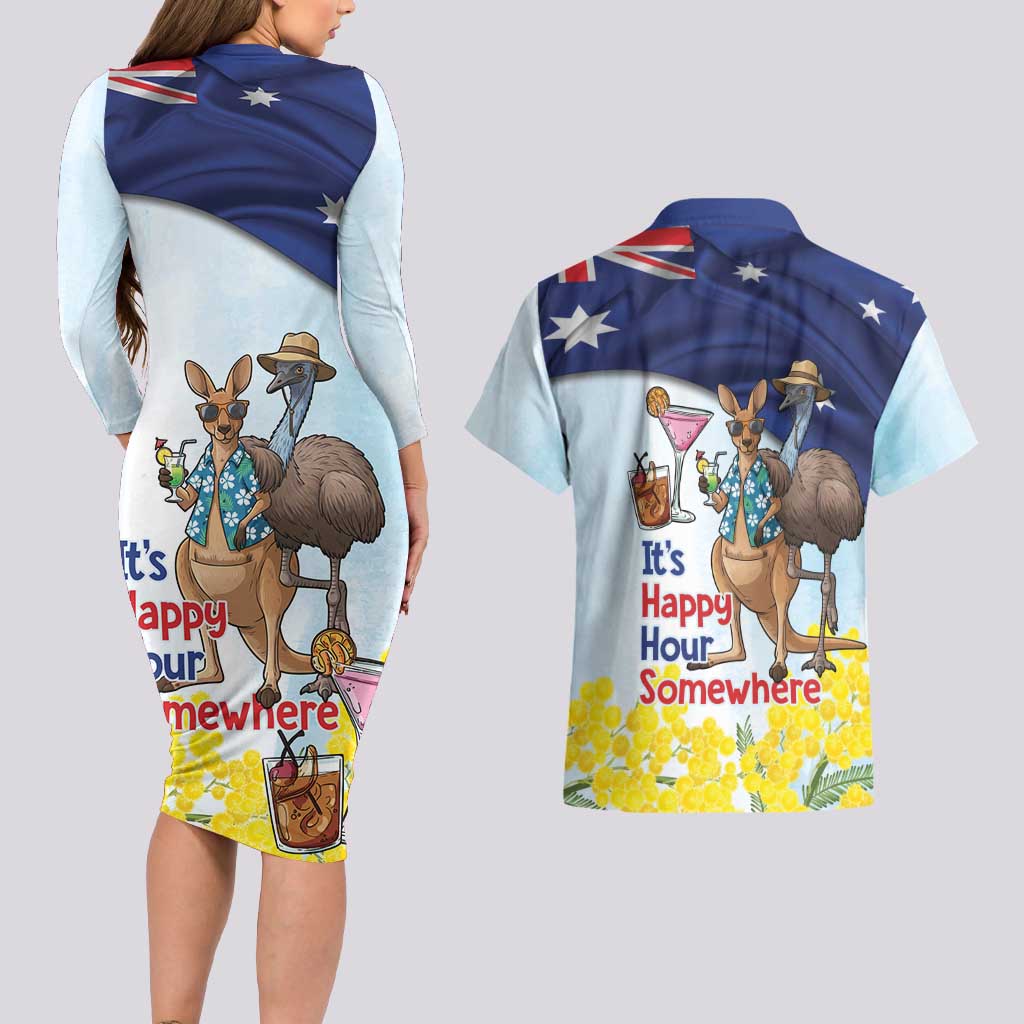 Chilling Kangaroo and Emu Australia Couples Matching Long Sleeve Bodycon Dress and Hawaiian Shirt It's Happy Hour Somewhere - Aussie Hoodie