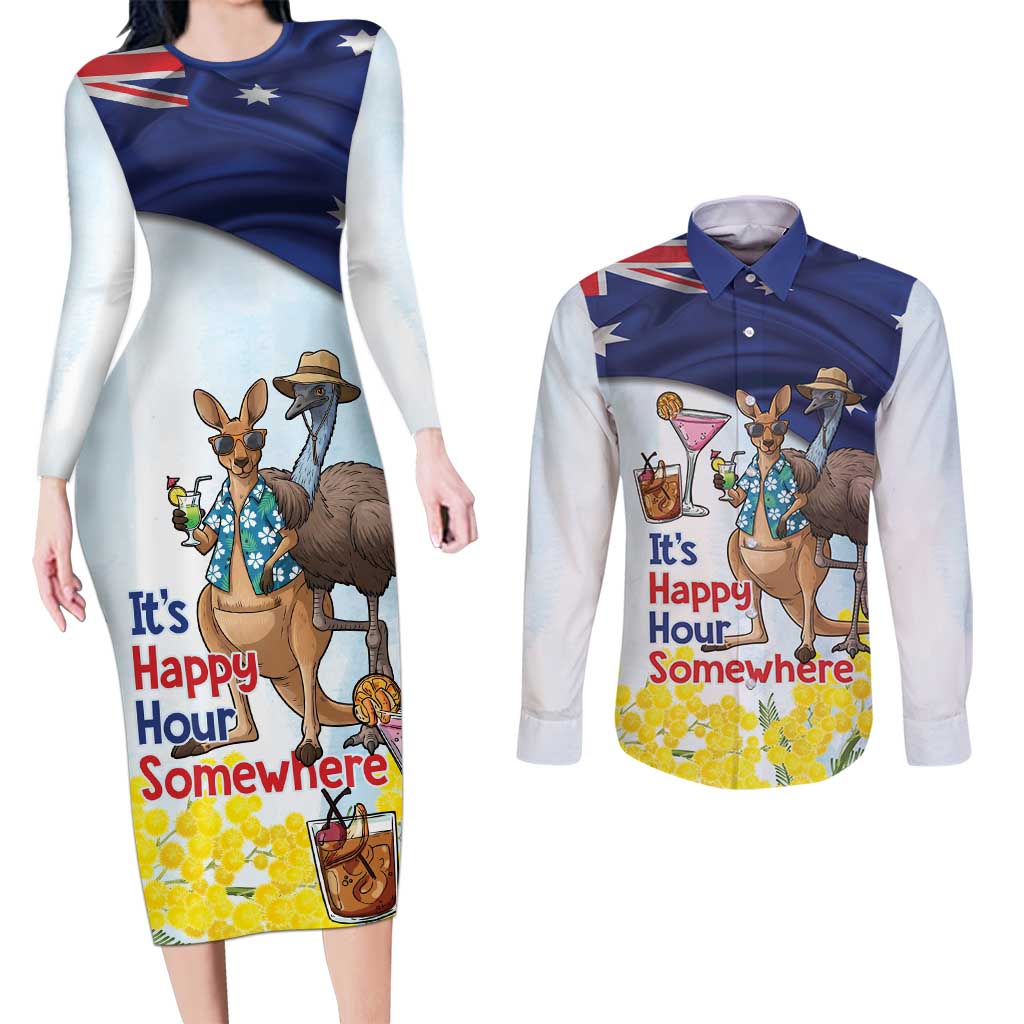 Chilling Kangaroo and Emu Australia Couples Matching Long Sleeve Bodycon Dress and Long Sleeve Button Shirt It's Happy Hour Somewhere - Aussie Hoodie