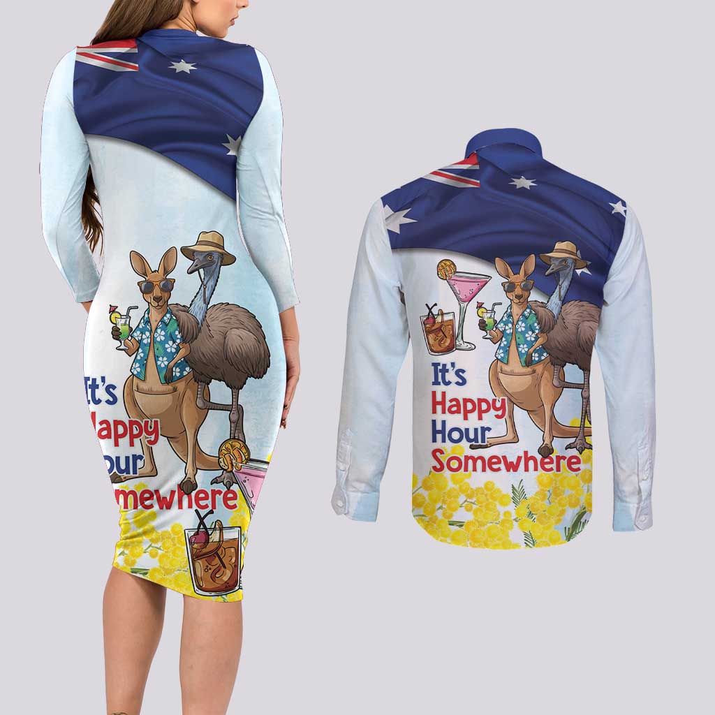 Chilling Kangaroo and Emu Australia Couples Matching Long Sleeve Bodycon Dress and Long Sleeve Button Shirt It's Happy Hour Somewhere - Aussie Hoodie