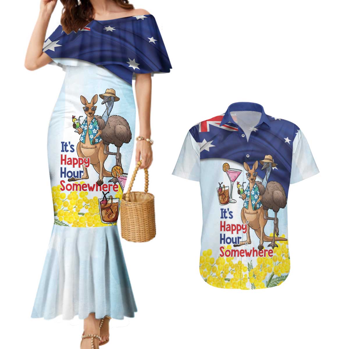 Chilling Kangaroo and Emu Australia Couples Matching Mermaid Dress and Hawaiian Shirt It's Happy Hour Somewhere - Aussie Hoodie