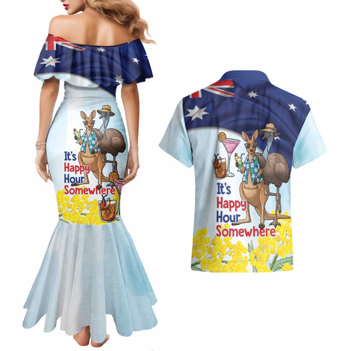 Chilling Kangaroo and Emu Australia Couples Matching Mermaid Dress and Hawaiian Shirt It's Happy Hour Somewhere - Aussie Hoodie