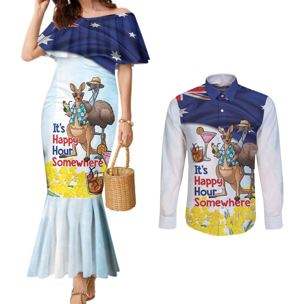 Chilling Kangaroo and Emu Australia Couples Matching Mermaid Dress and Long Sleeve Button Shirt It's Happy Hour Somewhere - Aussie Hoodie