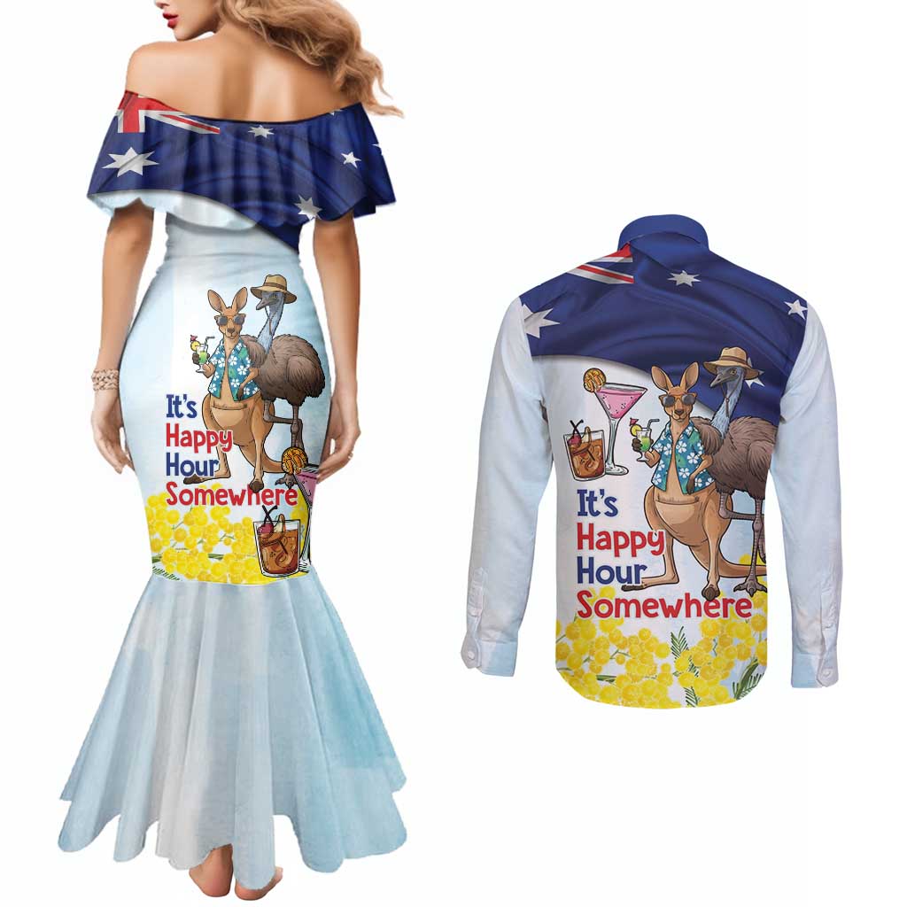 Chilling Kangaroo and Emu Australia Couples Matching Mermaid Dress and Long Sleeve Button Shirt It's Happy Hour Somewhere - Aussie Hoodie