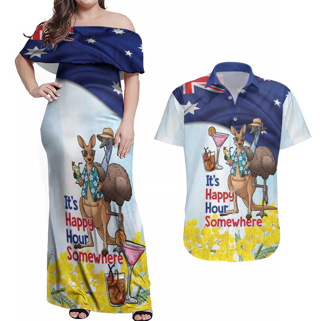 Chilling Kangaroo and Emu Australia Couples Matching Off Shoulder Maxi Dress and Hawaiian Shirt It's Happy Hour Somewhere - Aussie Hoodie