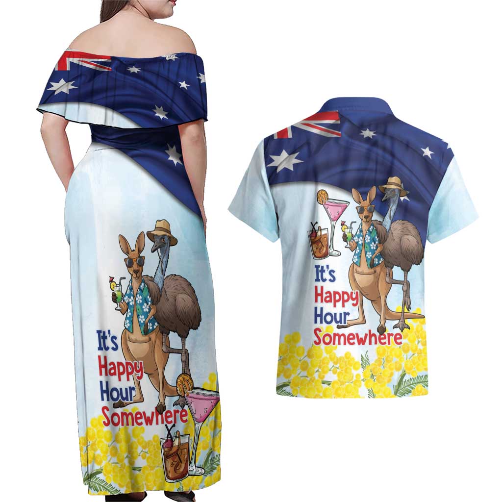 Chilling Kangaroo and Emu Australia Couples Matching Off Shoulder Maxi Dress and Hawaiian Shirt It's Happy Hour Somewhere - Aussie Hoodie