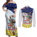 Chilling Kangaroo and Emu Australia Couples Matching Off Shoulder Maxi Dress and Long Sleeve Button Shirt It's Happy Hour Somewhere - Aussie Hoodie