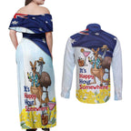 Chilling Kangaroo and Emu Australia Couples Matching Off Shoulder Maxi Dress and Long Sleeve Button Shirt It's Happy Hour Somewhere - Aussie Hoodie