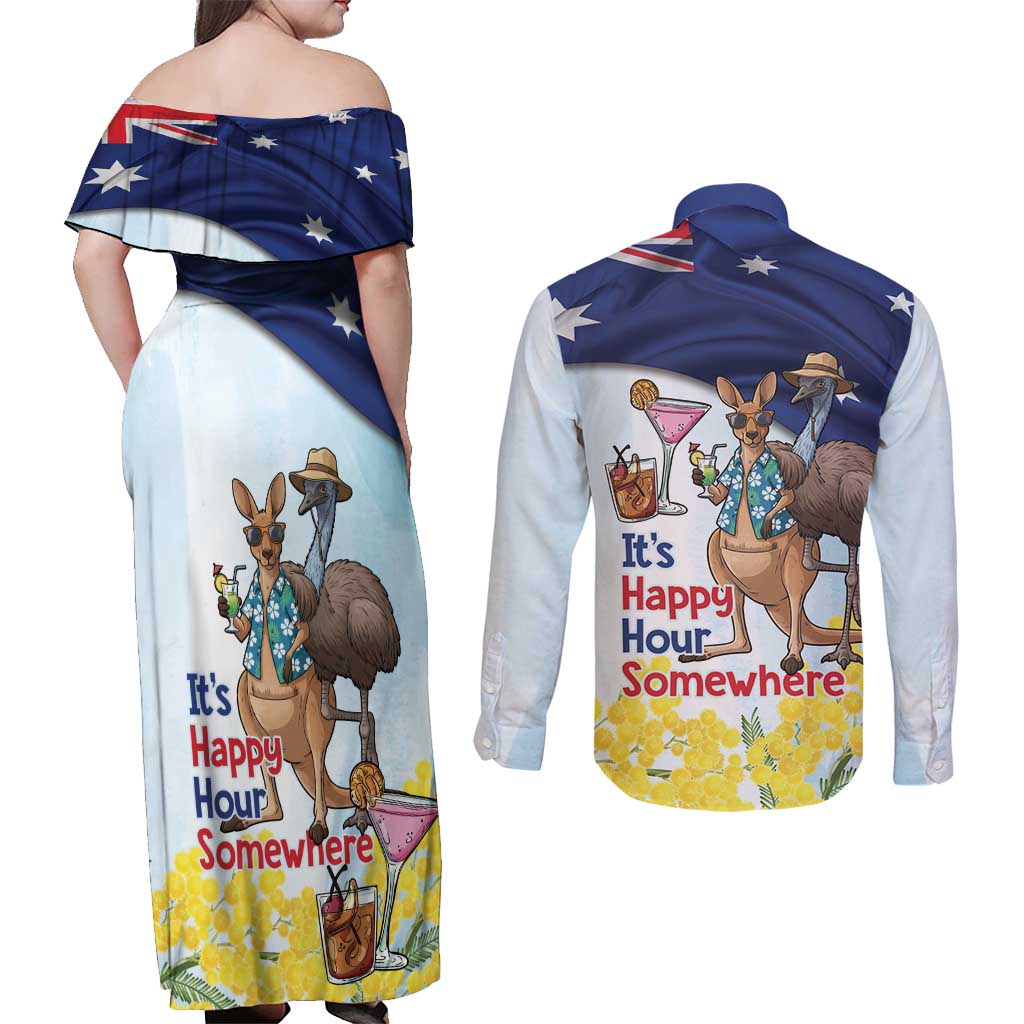 Chilling Kangaroo and Emu Australia Couples Matching Off Shoulder Maxi Dress and Long Sleeve Button Shirt It's Happy Hour Somewhere - Aussie Hoodie