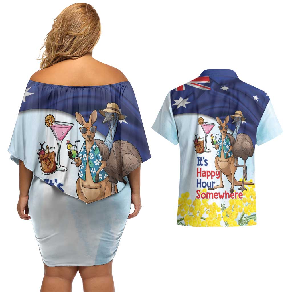Chilling Kangaroo and Emu Australia Couples Matching Off Shoulder Short Dress and Hawaiian Shirt It's Happy Hour Somewhere - Aussie Hoodie