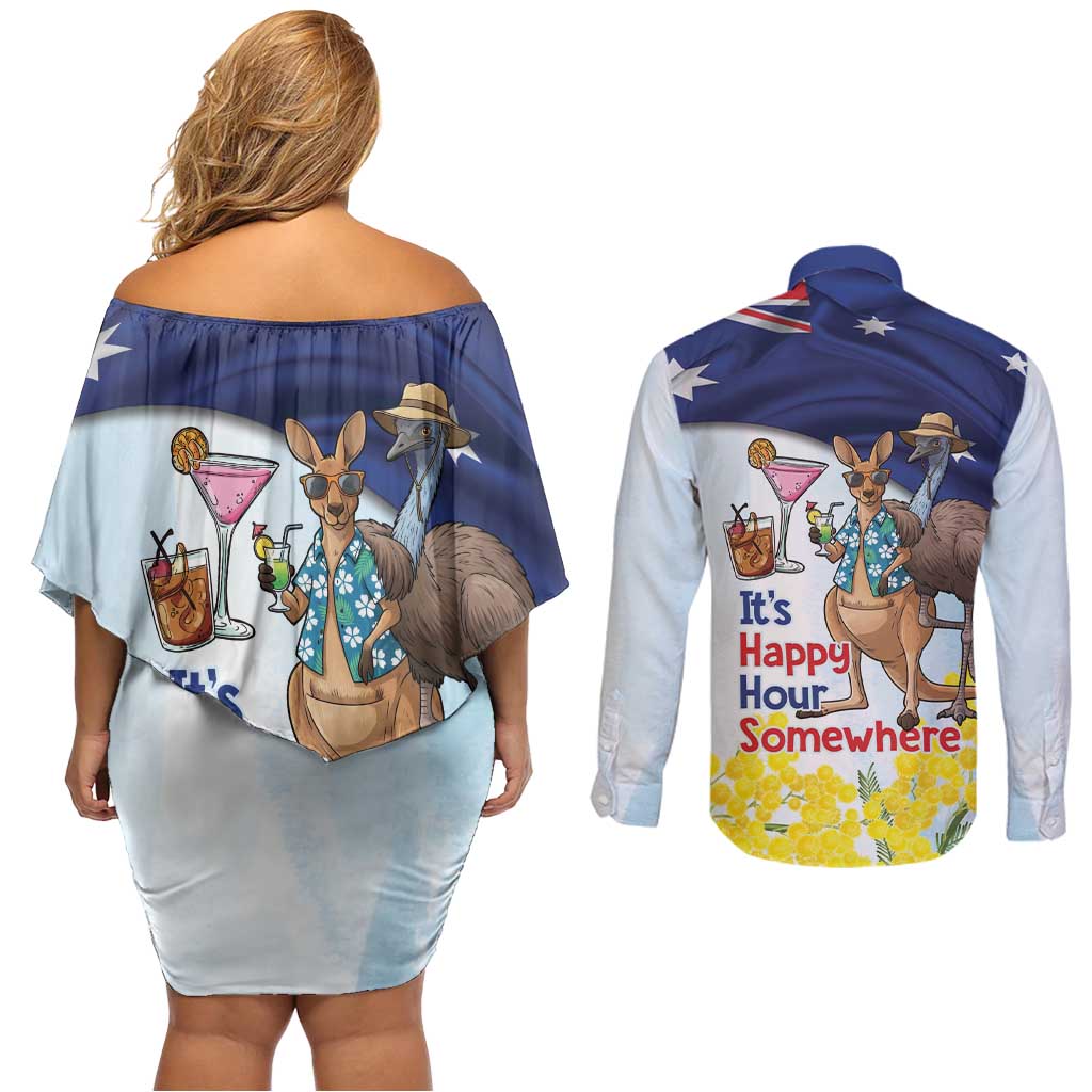 Chilling Kangaroo and Emu Australia Couples Matching Off Shoulder Short Dress and Long Sleeve Button Shirt It's Happy Hour Somewhere - Aussie Hoodie