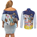 Chilling Kangaroo and Emu Australia Couples Matching Off Shoulder Short Dress and Long Sleeve Button Shirt It's Happy Hour Somewhere - Aussie Hoodie