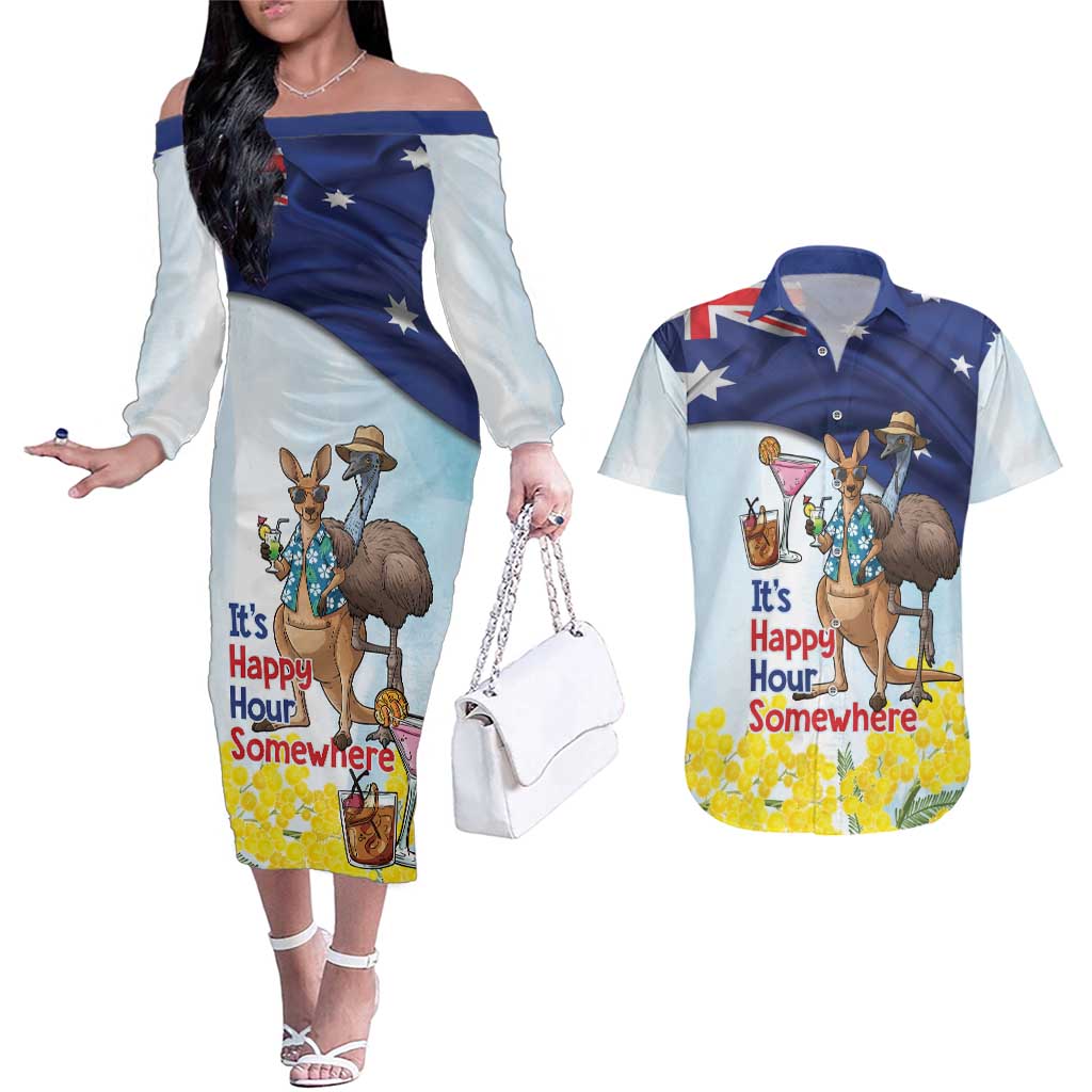 Chilling Kangaroo and Emu Australia Couples Matching Off The Shoulder Long Sleeve Dress and Hawaiian Shirt It's Happy Hour Somewhere - Aussie Hoodie