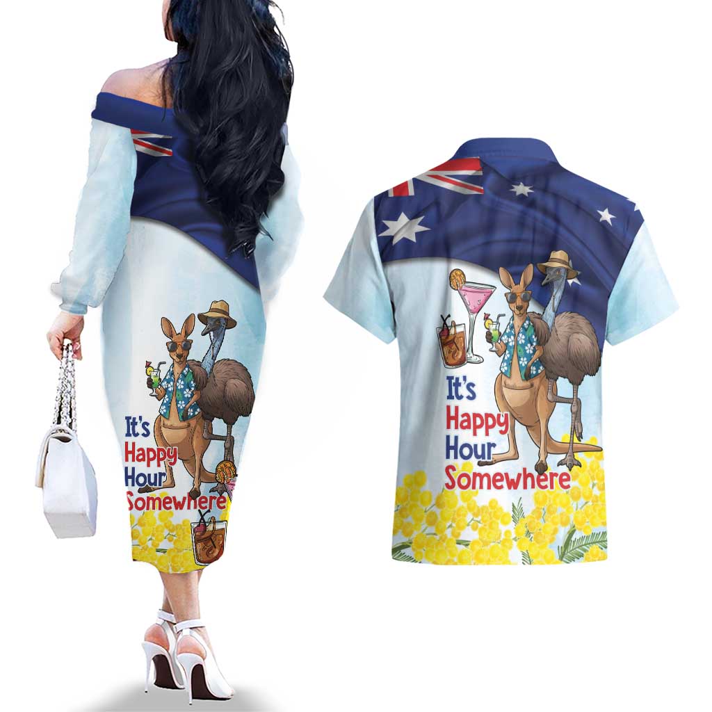 Chilling Kangaroo and Emu Australia Couples Matching Off The Shoulder Long Sleeve Dress and Hawaiian Shirt It's Happy Hour Somewhere - Aussie Hoodie