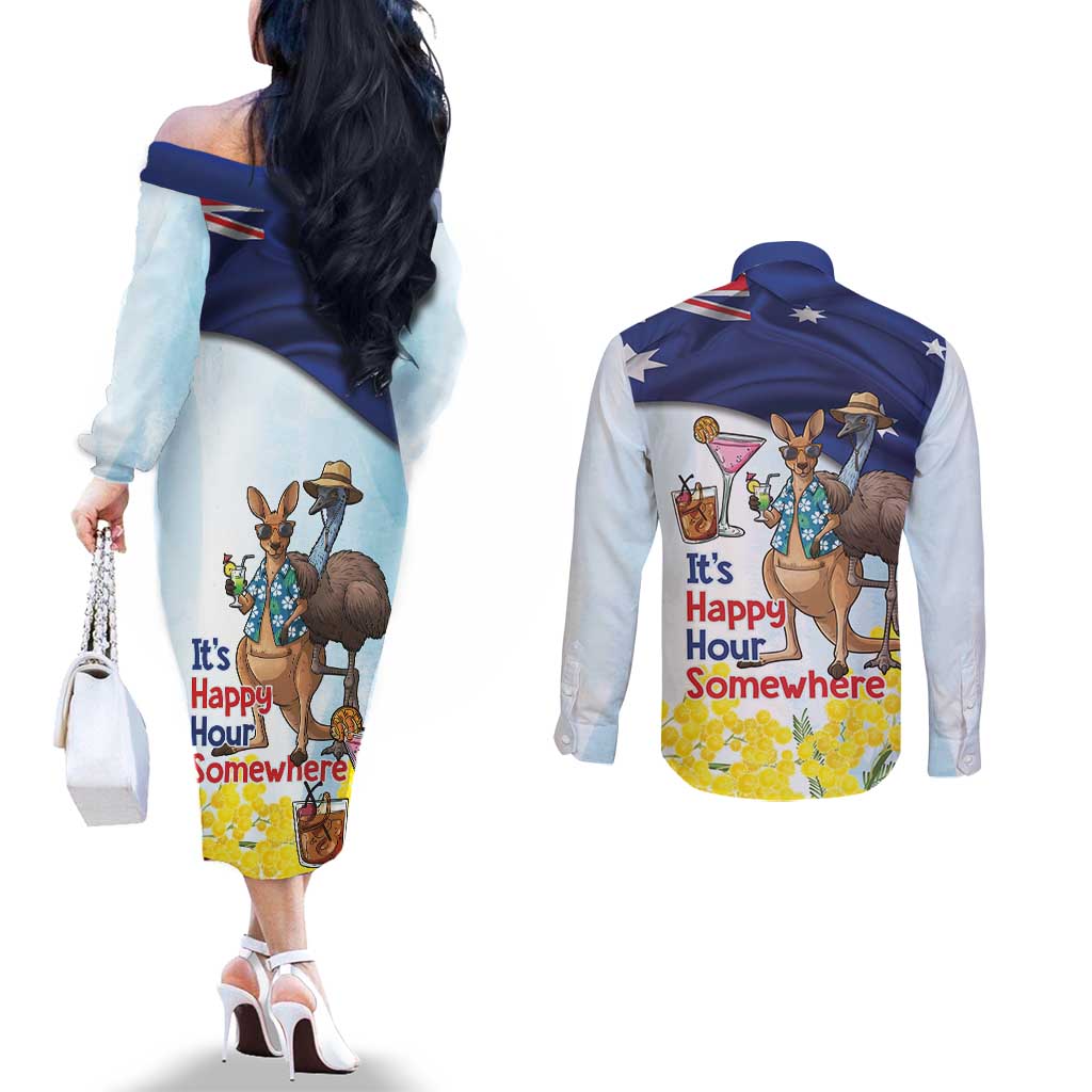 Chilling Kangaroo and Emu Australia Couples Matching Off The Shoulder Long Sleeve Dress and Long Sleeve Button Shirt It's Happy Hour Somewhere - Aussie Hoodie