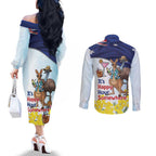 Chilling Kangaroo and Emu Australia Couples Matching Off The Shoulder Long Sleeve Dress and Long Sleeve Button Shirt It's Happy Hour Somewhere - Aussie Hoodie