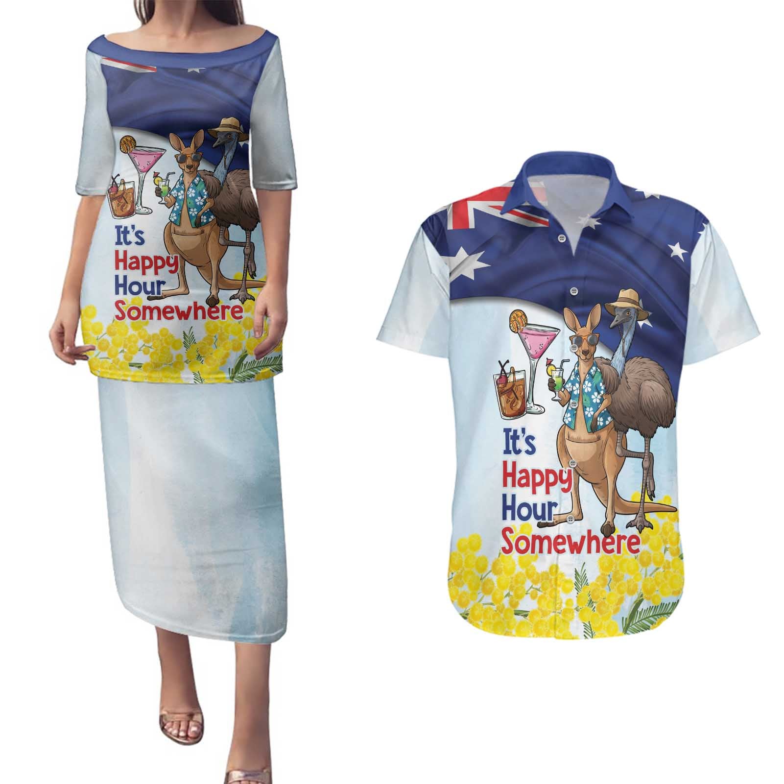 Chilling Kangaroo and Emu Australia Couples Matching Puletasi and Hawaiian Shirt It's Happy Hour Somewhere - Aussie Hoodie