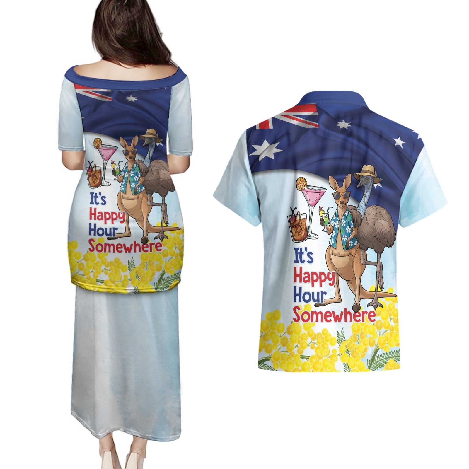 Chilling Kangaroo and Emu Australia Couples Matching Puletasi and Hawaiian Shirt It's Happy Hour Somewhere - Aussie Hoodie