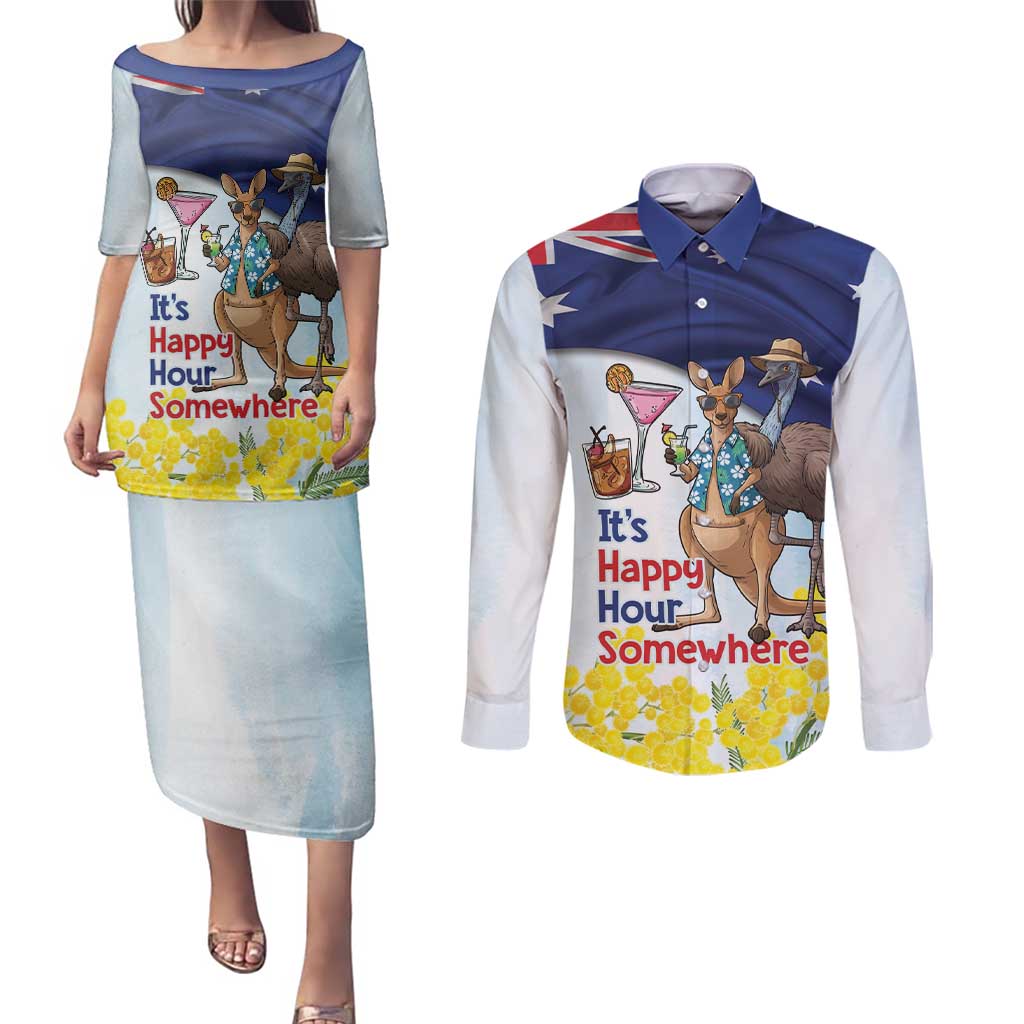 Chilling Kangaroo and Emu Australia Couples Matching Puletasi and Long Sleeve Button Shirt It's Happy Hour Somewhere - Aussie Hoodie