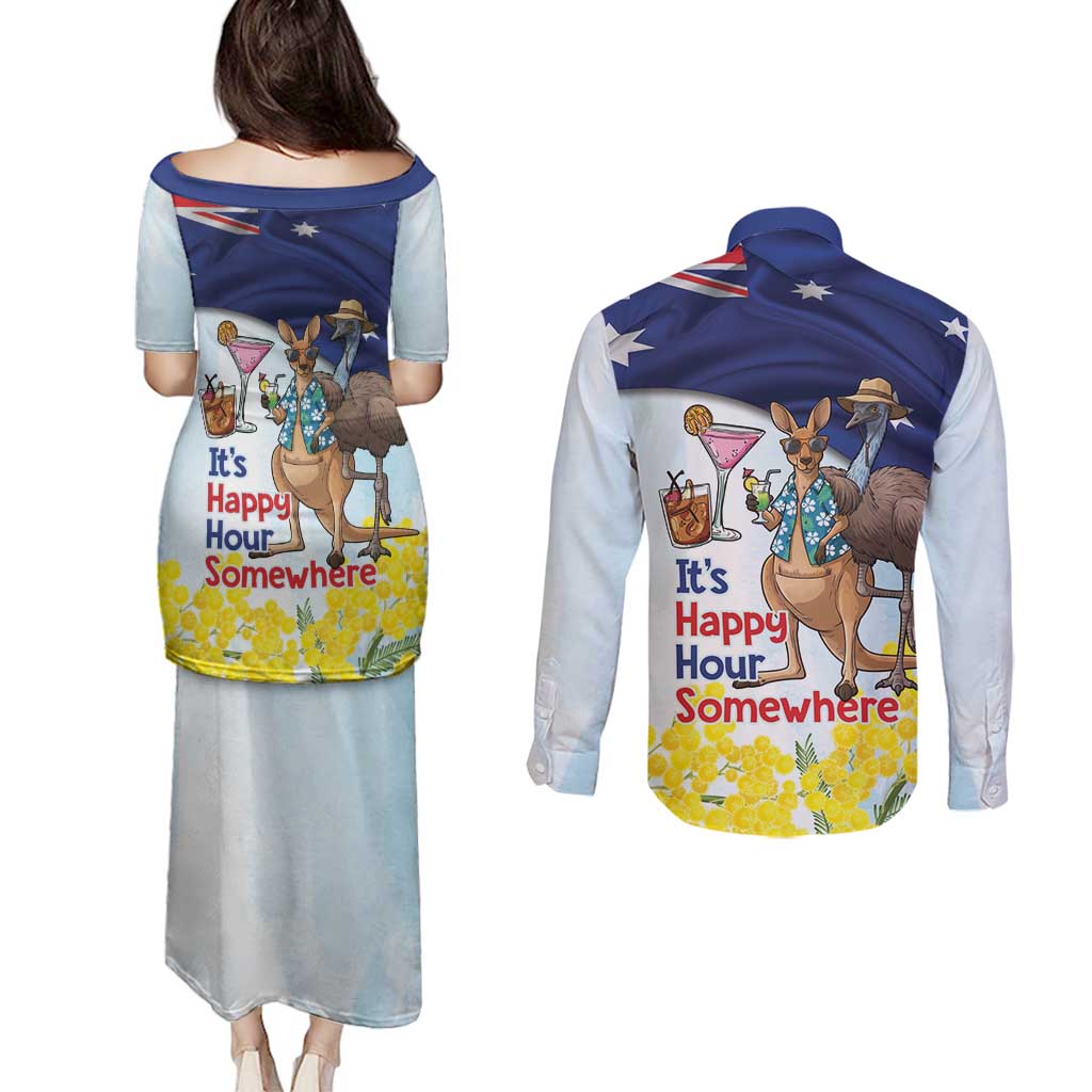 Chilling Kangaroo and Emu Australia Couples Matching Puletasi and Long Sleeve Button Shirt It's Happy Hour Somewhere - Aussie Hoodie