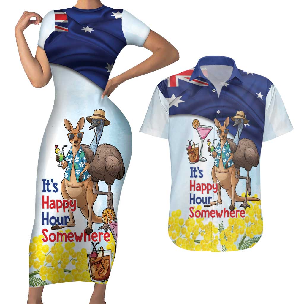 Chilling Kangaroo and Emu Australia Couples Matching Short Sleeve Bodycon Dress and Hawaiian Shirt It's Happy Hour Somewhere - Aussie Hoodie