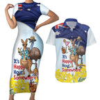 Chilling Kangaroo and Emu Australia Couples Matching Short Sleeve Bodycon Dress and Hawaiian Shirt It's Happy Hour Somewhere - Aussie Hoodie