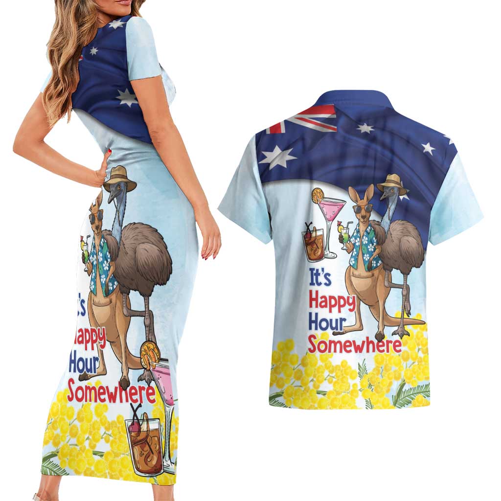 Chilling Kangaroo and Emu Australia Couples Matching Short Sleeve Bodycon Dress and Hawaiian Shirt It's Happy Hour Somewhere - Aussie Hoodie