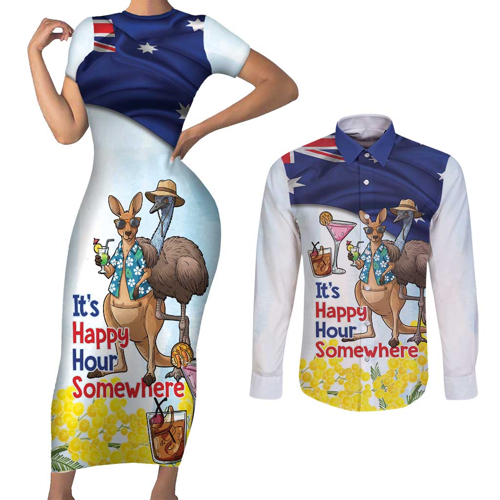 Chilling Kangaroo and Emu Australia Couples Matching Short Sleeve Bodycon Dress and Long Sleeve Button Shirt It's Happy Hour Somewhere - Aussie Hoodie