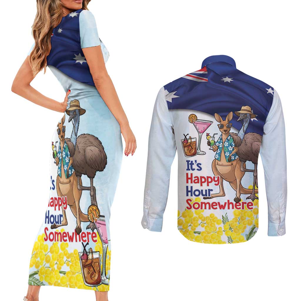 Chilling Kangaroo and Emu Australia Couples Matching Short Sleeve Bodycon Dress and Long Sleeve Button Shirt It's Happy Hour Somewhere - Aussie Hoodie