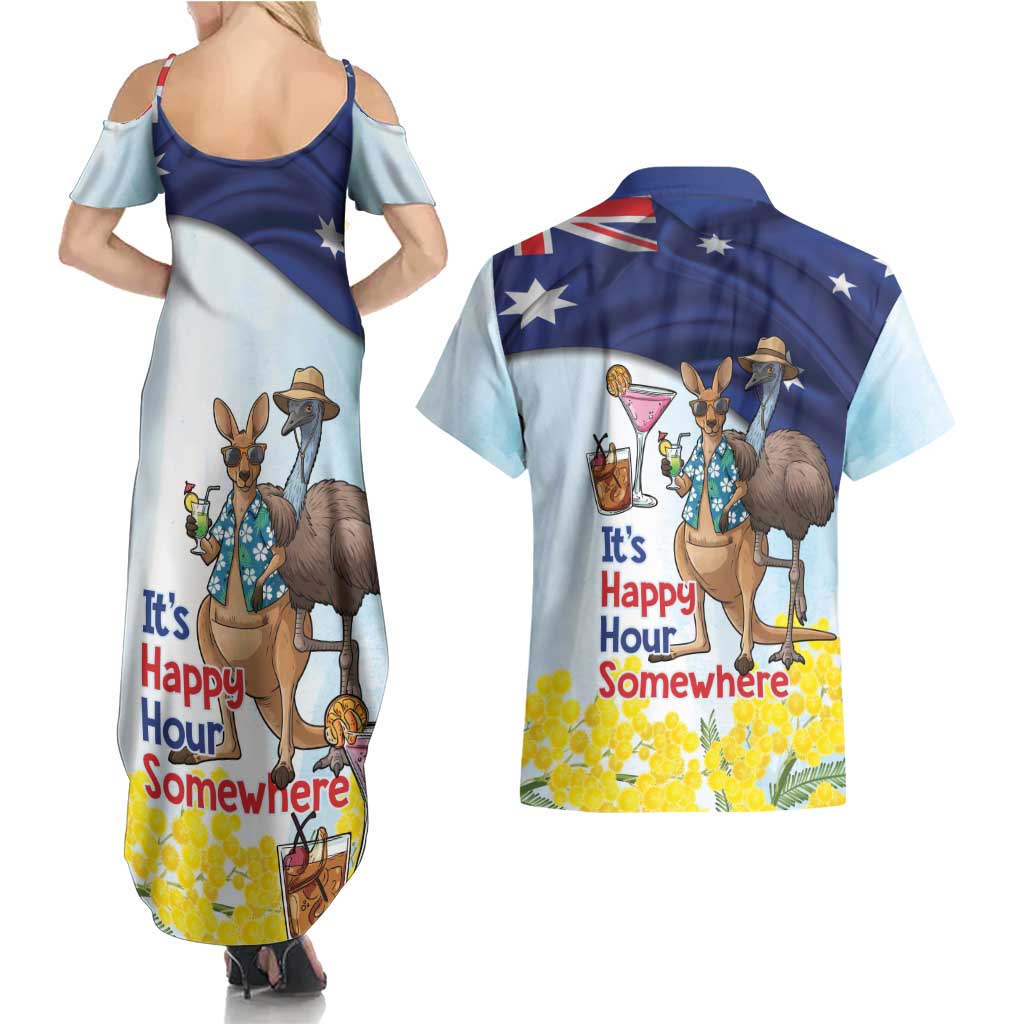 Chilling Kangaroo and Emu Australia Couples Matching Summer Maxi Dress and Hawaiian Shirt It's Happy Hour Somewhere - Aussie Hoodie
