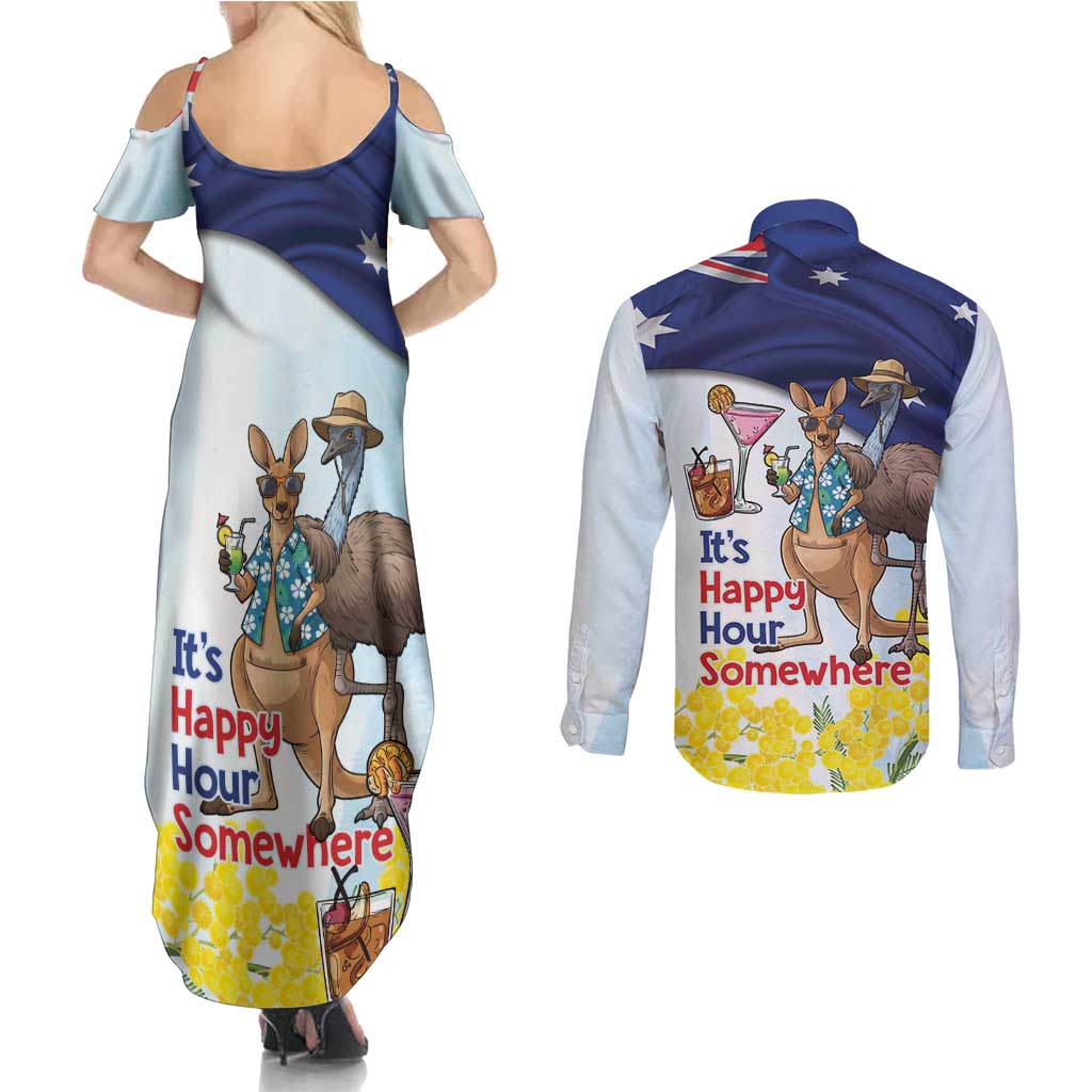 Chilling Kangaroo and Emu Australia Couples Matching Summer Maxi Dress and Long Sleeve Button Shirt It's Happy Hour Somewhere - Aussie Hoodie
