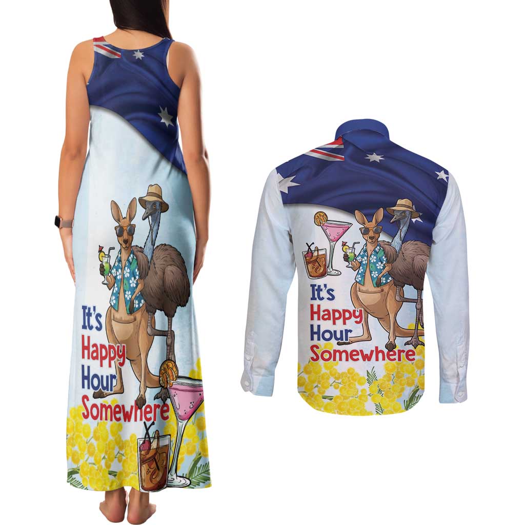 Chilling Kangaroo and Emu Australia Couples Matching Tank Maxi Dress and Long Sleeve Button Shirt It's Happy Hour Somewhere - Aussie Hoodie