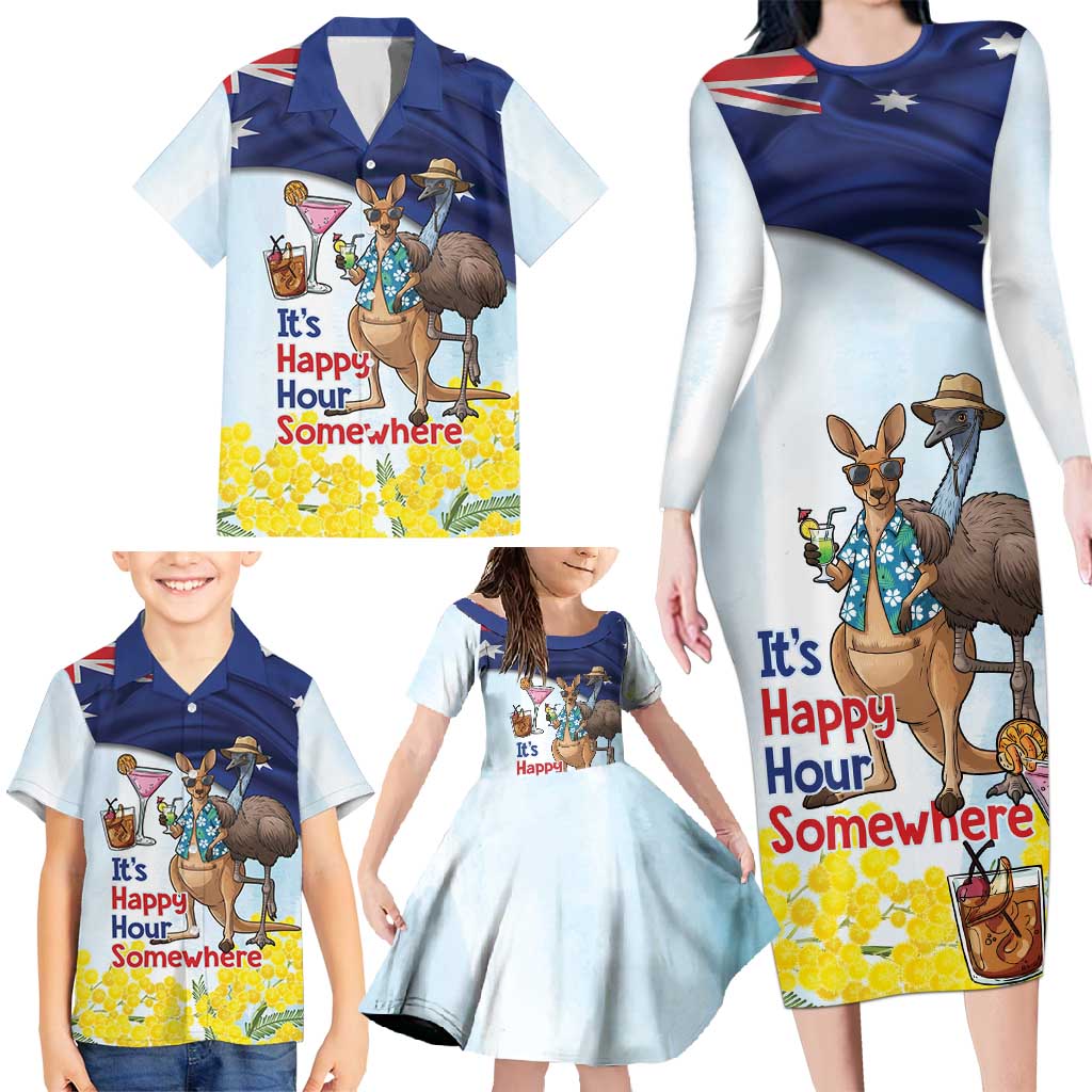 Chilling Kangaroo and Emu Australia Family Matching Long Sleeve Bodycon Dress and Hawaiian Shirt It's Happy Hour Somewhere - Aussie Hoodie