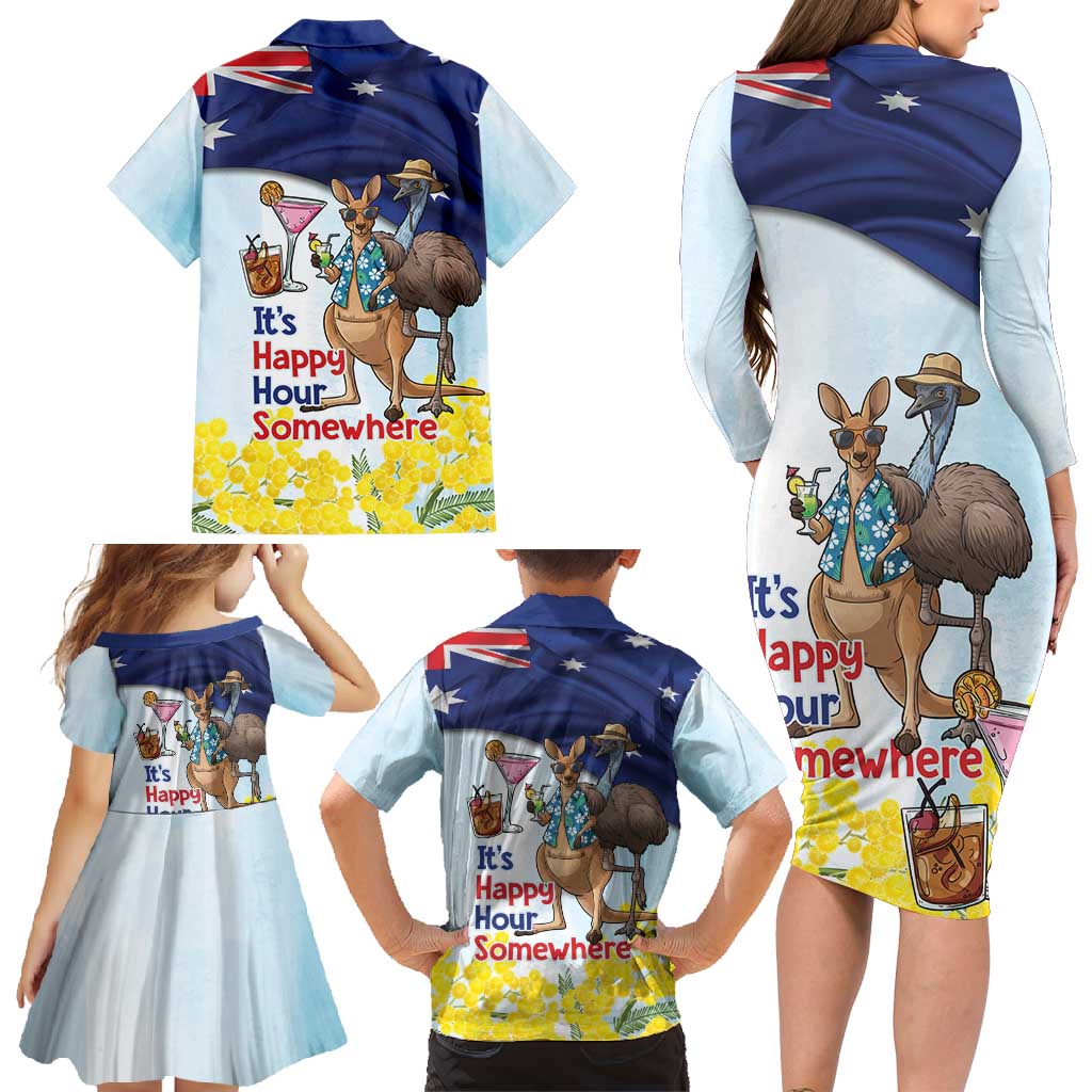 Chilling Kangaroo and Emu Australia Family Matching Long Sleeve Bodycon Dress and Hawaiian Shirt It's Happy Hour Somewhere - Aussie Hoodie
